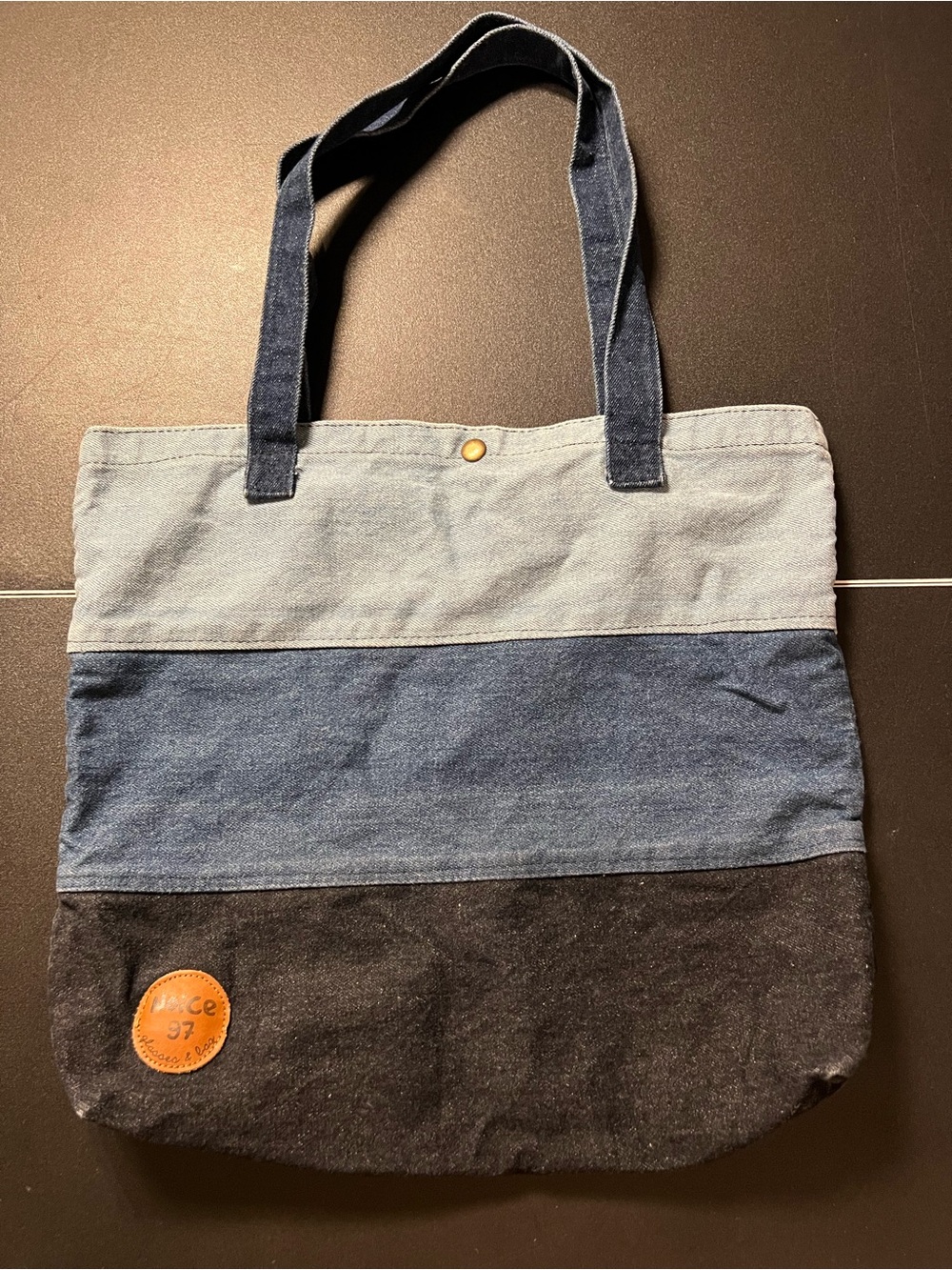 Striped Canvas Messenger Tote in Light Blue, Blue, and Dark Gray